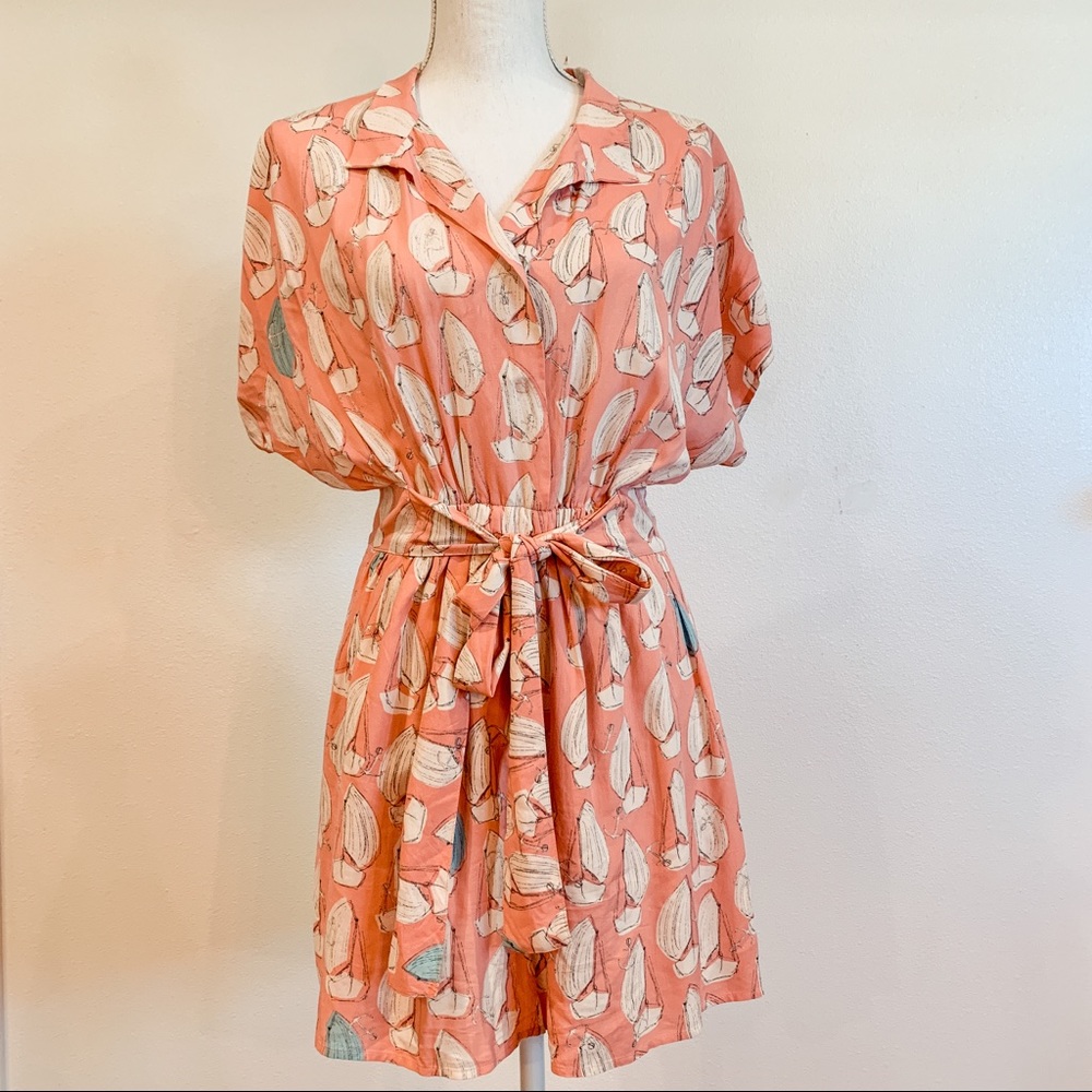 Maeve Coral Pink Printed Short Sleeve Romper